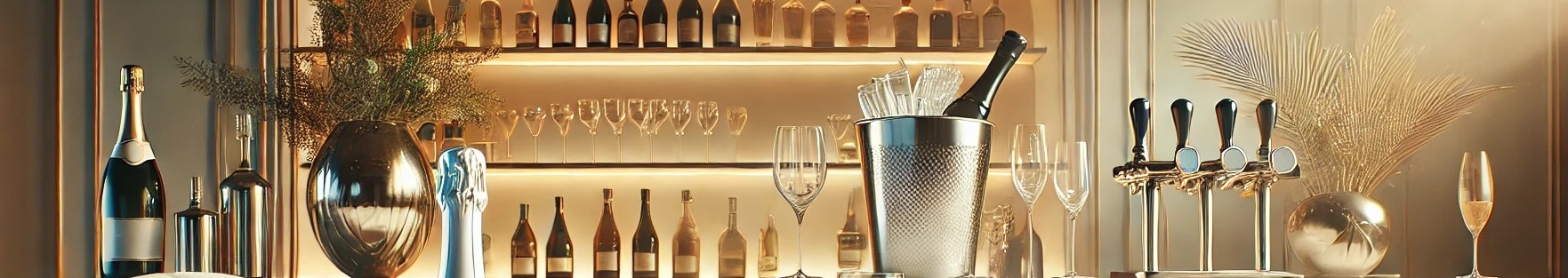 Champagnerzubehör Champagnerkühler, Champagnerflaschen, Glas mit Champagner und Vase mit Blumen auf einer bar , im Hintergrund ist eine beleuchtende Vitrine mit Flaschen und Glöser
