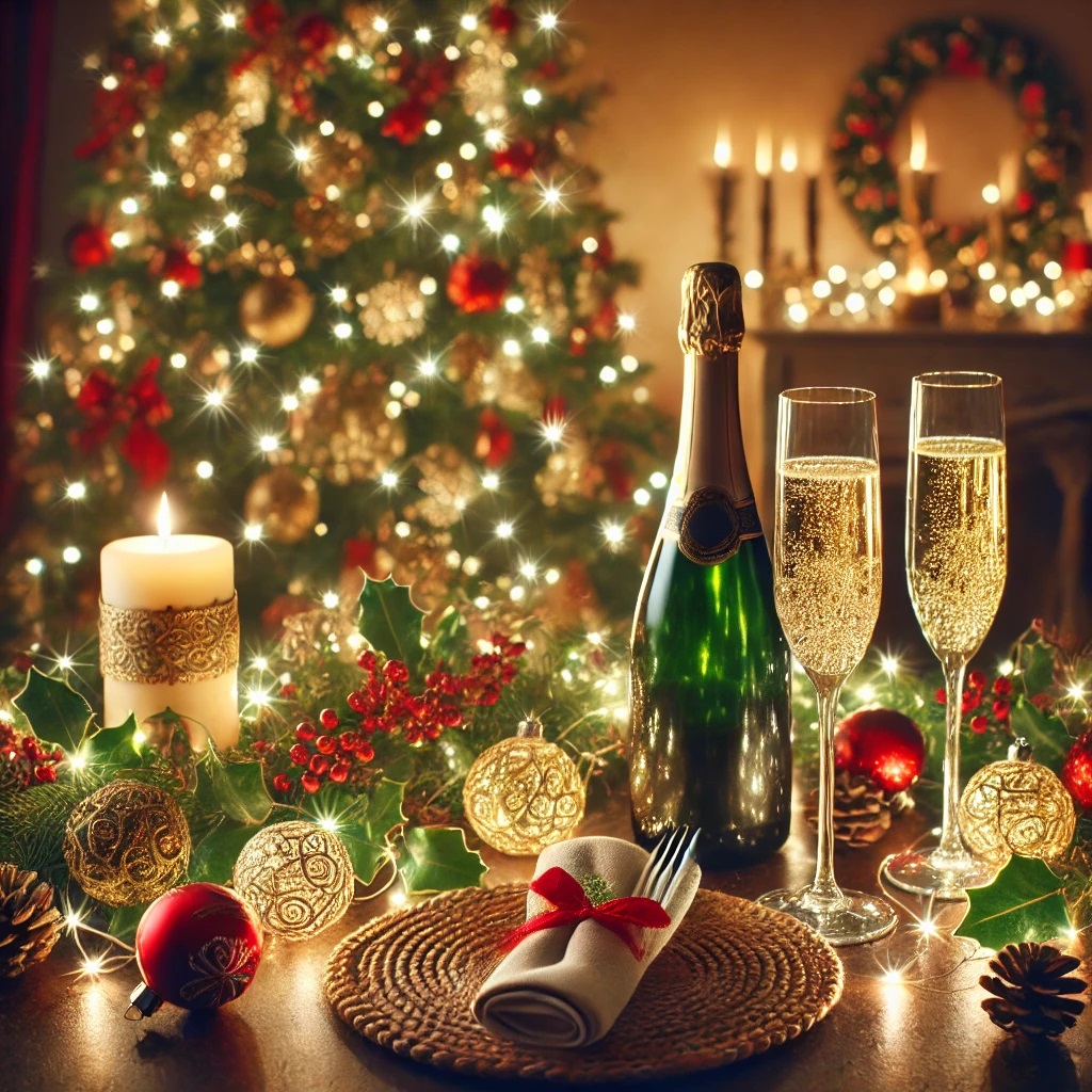 Weihnachtsbaum mit Champagner, 2 gefüllte Gläser mit Schaumwein, Besteck eingewickelt , Kerze und Kerzenlichter, Weihnachtskugeln , Holzofen 