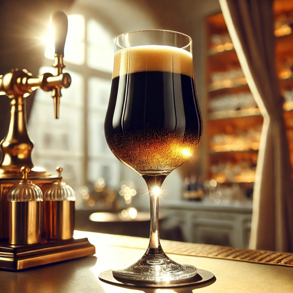 Black Velvet Cocktail Black Velvet Cocktail , Glas gefüllt mir Guinness Bier und Champagner, es steht auf einem Tresen und links davon ist eine Zapfanlage, im Hintergrund ist ein Fenster mit Sonnenstrahlen, eine große Vitrine mit Gläser