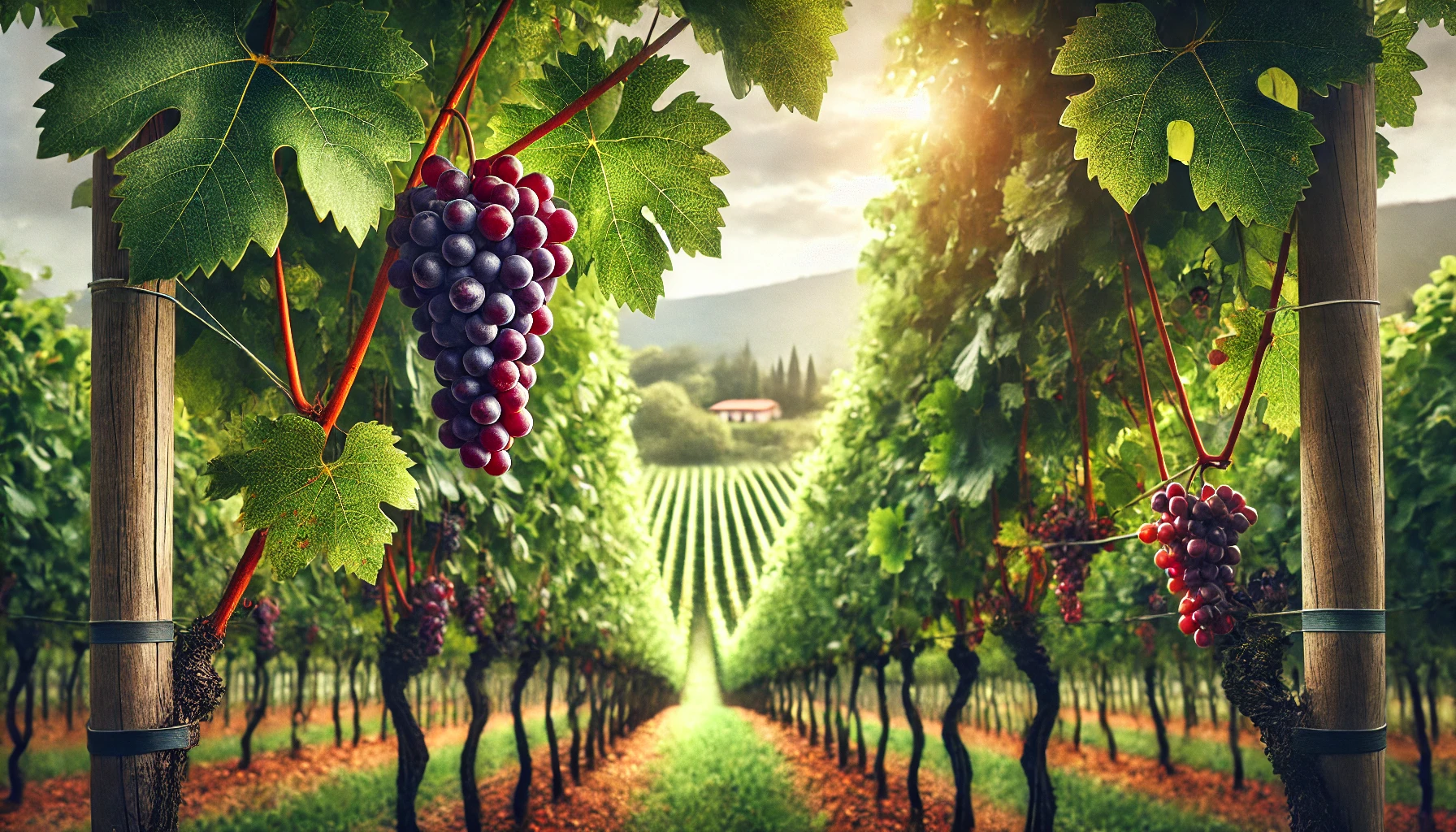 Weinreben Nahaufnahme Weinreben Nahaufnahme , Rote Trauben, Weinreben auf einem Berg, im Hintergrund ist ein Haus zu sehen umgeben von Bäumen