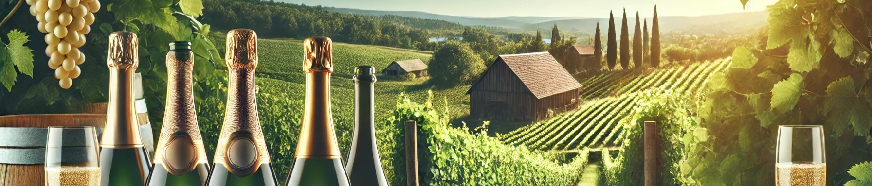 Champagnermarken Verschiedene Champagnerflaschen stehen auf einem Tisch mit Weinbergen im Hintergrund