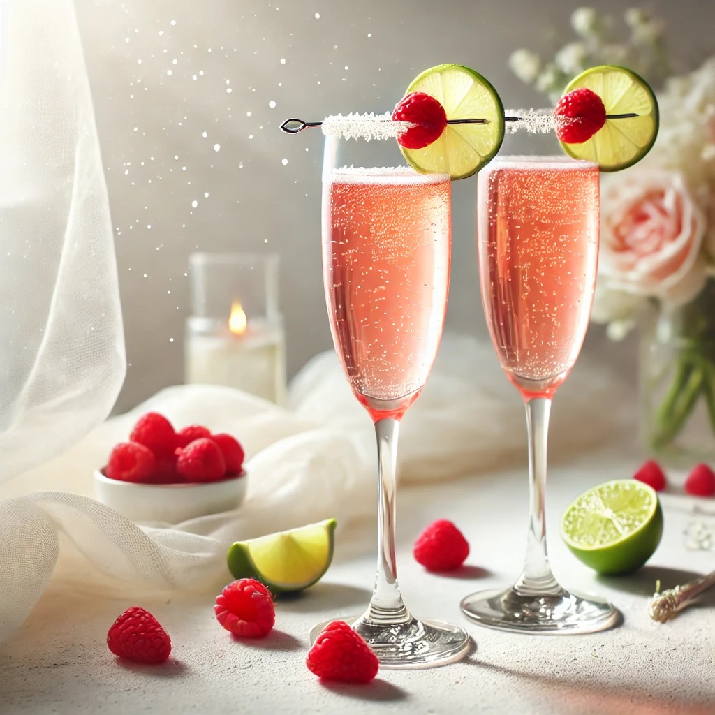 Blushing Bride Champagner Cocktail ektglas gefüllt, daneben liegen Himbeeren und Limetten , Blushing Bride Cocktail, im Hintergrund ist ein Kerzenlicht und eine Blumenstrauß mit Rosen , von links sind Sonnenstrahlen