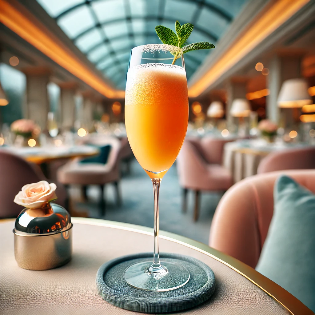 Champagner Cocktail Bellini Cocktail Bellini Coctail Glas mit Pfirsich auf einem Holztisch, in einem Nobel Restaurant , auf dem Tisch steht eine silberne Vase mit einer Rose